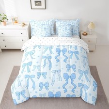 Watercolor Bow 7 Piece Bedding Set, for Girls Cute Blue Bowknot Bed in a Bag,...