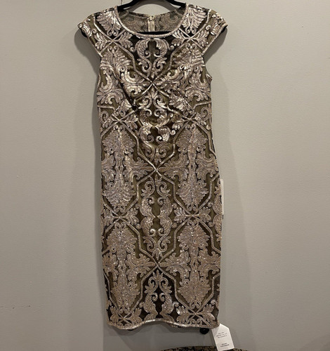 Tadashi Shoji Size 4 Gold/Beige Sequin Mesh Sheath Dress Scoop Neck Zip