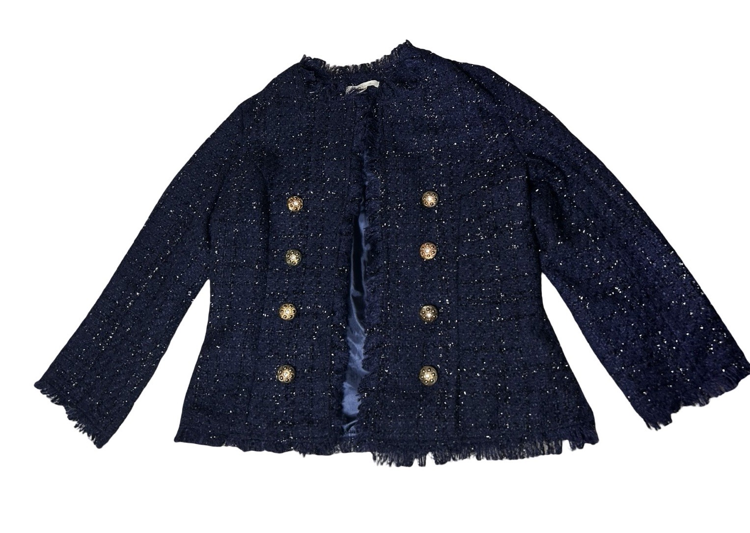 Alythea Embellished Open Tweed Jacket Size M Blue Woven Shiny Print Gold Button
