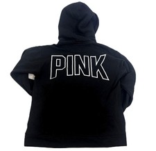 PINK Victoria's Secret Women's Hoodie Small Black Sherpa Hood Lace Up Spellout