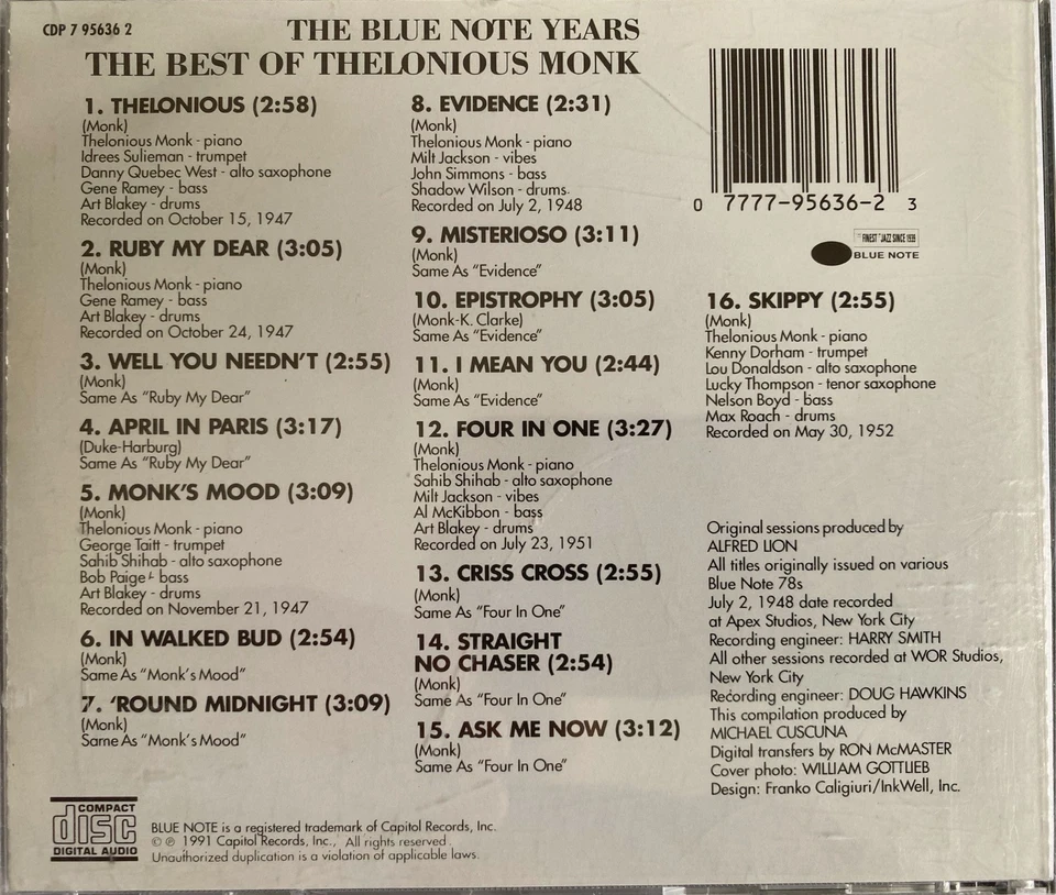 THELONIOUS MONK - The Best Of CD 1991 Blue Note Exc Cond! - Image 2 of 2
