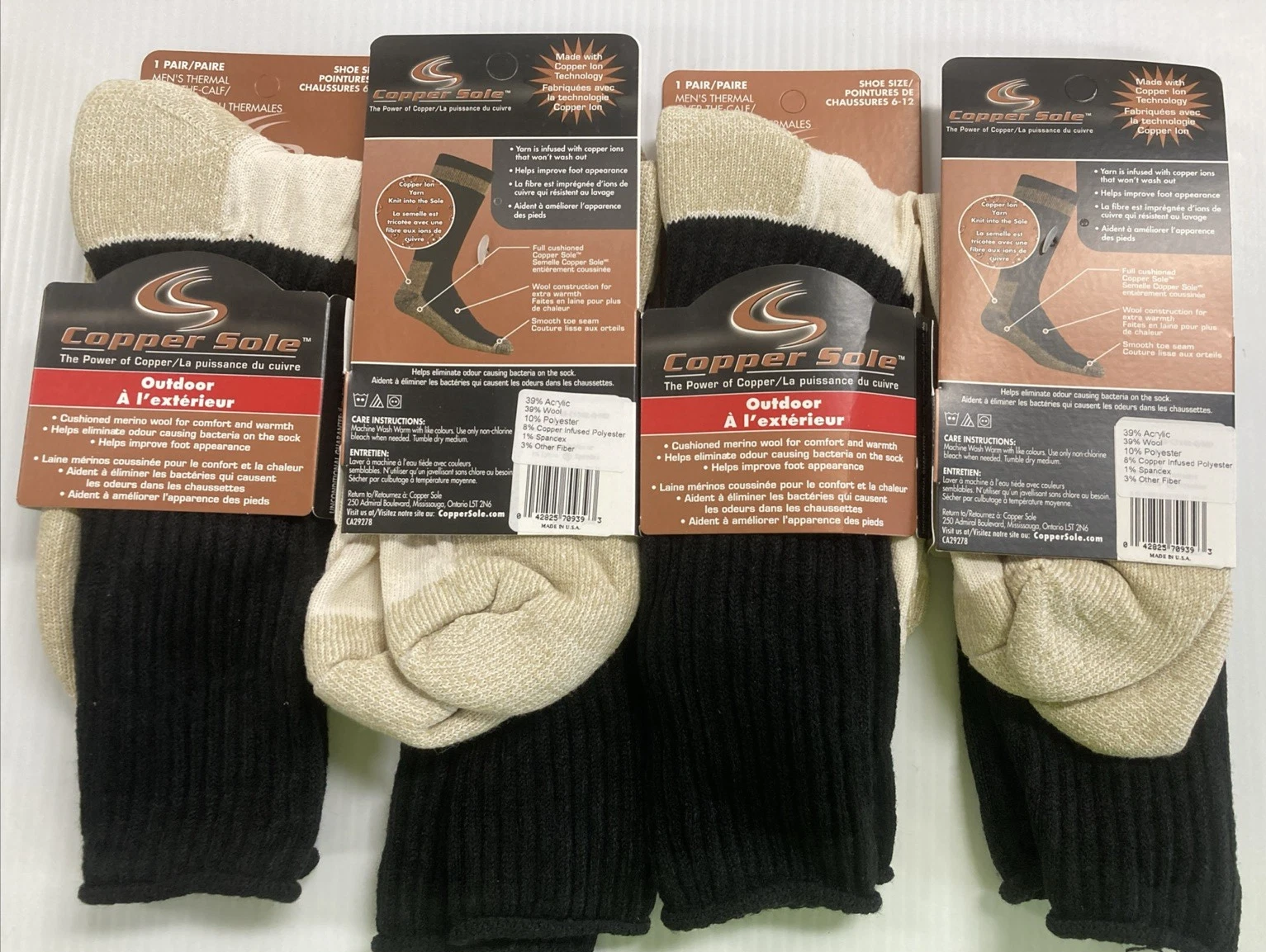 Copper Sole Men's Thermal Over-the-Calf Socks, 39% Wool, Shoe Size 6-12, 4 Pairs