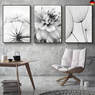 Trayosin 3-teiliges Premium Poster Set Aesthetic Blume Schwarz Weiß Feder 