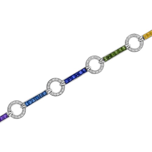 18K White Gold Natural Diamond Rainbow Sapphire Donut Link Bracelet - Picture 8 of 14