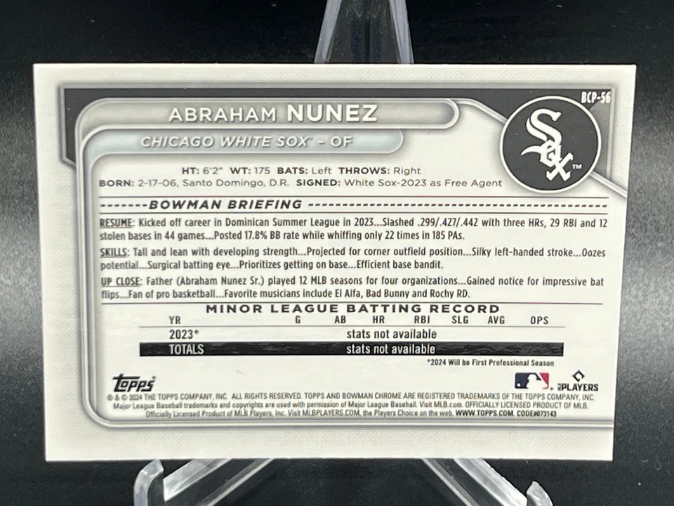 2024 Bowman Abraham Núñez amarillo cromo refractor 6/75 BCP-56 BLANCO SOX Foto 2 de 2