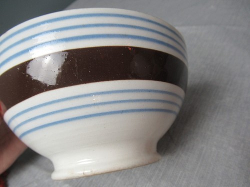 2 Antique Stoneware Cereal Bowls - 1 Mochware Stripes & 1 Footed Teal - e5 sb - Picture 10 of 12