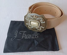 J. Francis Tan Belt. Brass Colored Buckle-White Middle Stone-Feax Diamonds. 34"