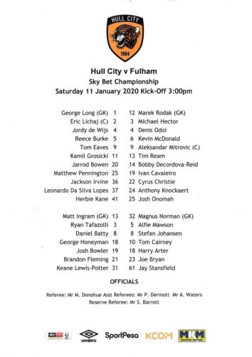 Teamsheet - Hull City v Fulham 2019/20 11 (Jan) - Afbeelding 1 van 1