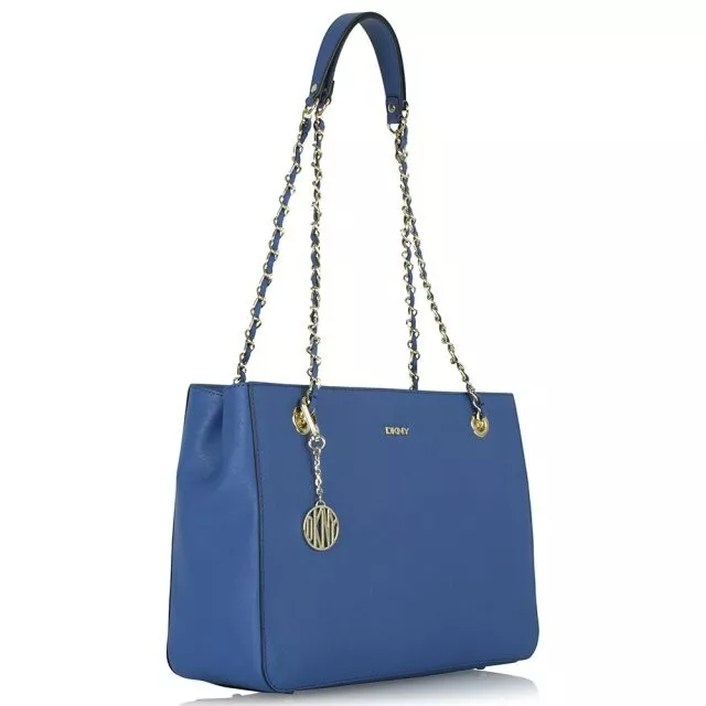 DKNY Mcleod Blue Saffiano Real Leather Shoulder Bag, with Gold chain