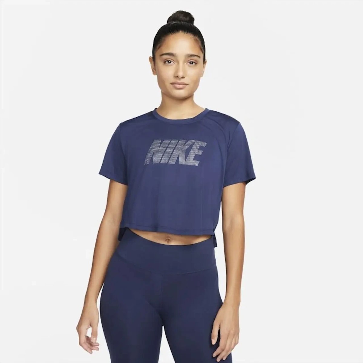 Nike Dri-FIT One Crop Top Shirt Womens L Navy Blue Silver