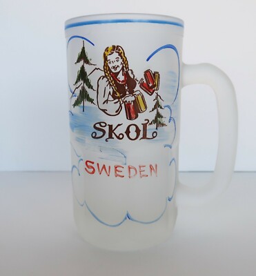 Vtg Beer Mug Frosted Glass Sweden Skol Hand Painted Unique Brewiarana Rare Find