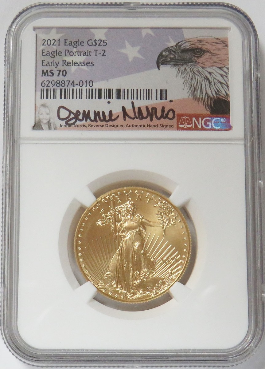 2021 GOLD $25 T-2 AMERICAN EAGLE 1/2 OZ NORRIS SIGNED NGC MS 70