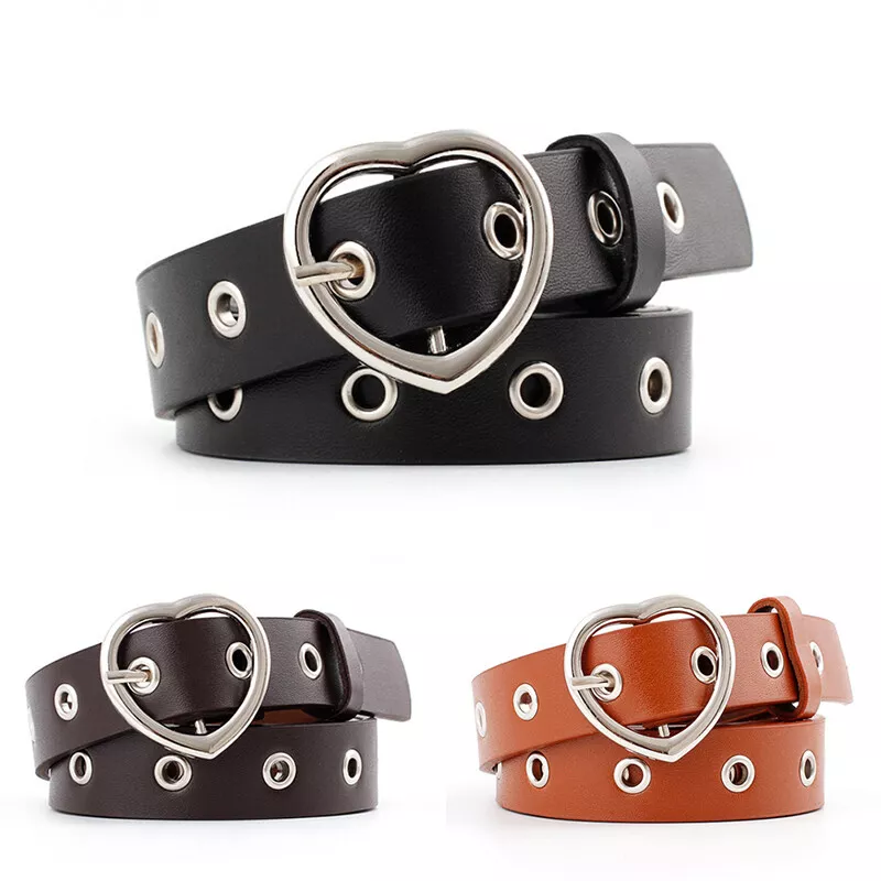 Women Girls Heart Buckle Belt Leather Punk Metal Hole Waist Belts Waistband GR