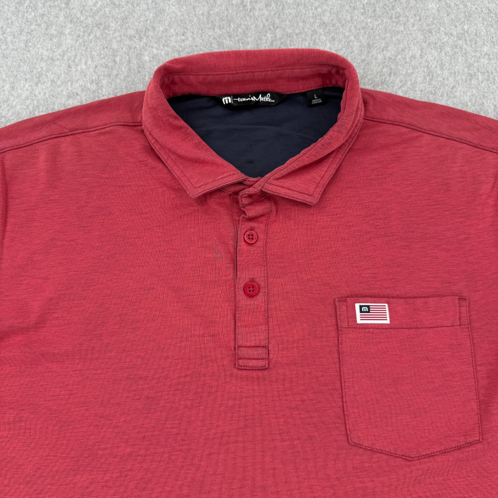 Travis Mathew Shirt Mens Large Solid Red Short Sleeve Pocket Flag Logo Golf Polo