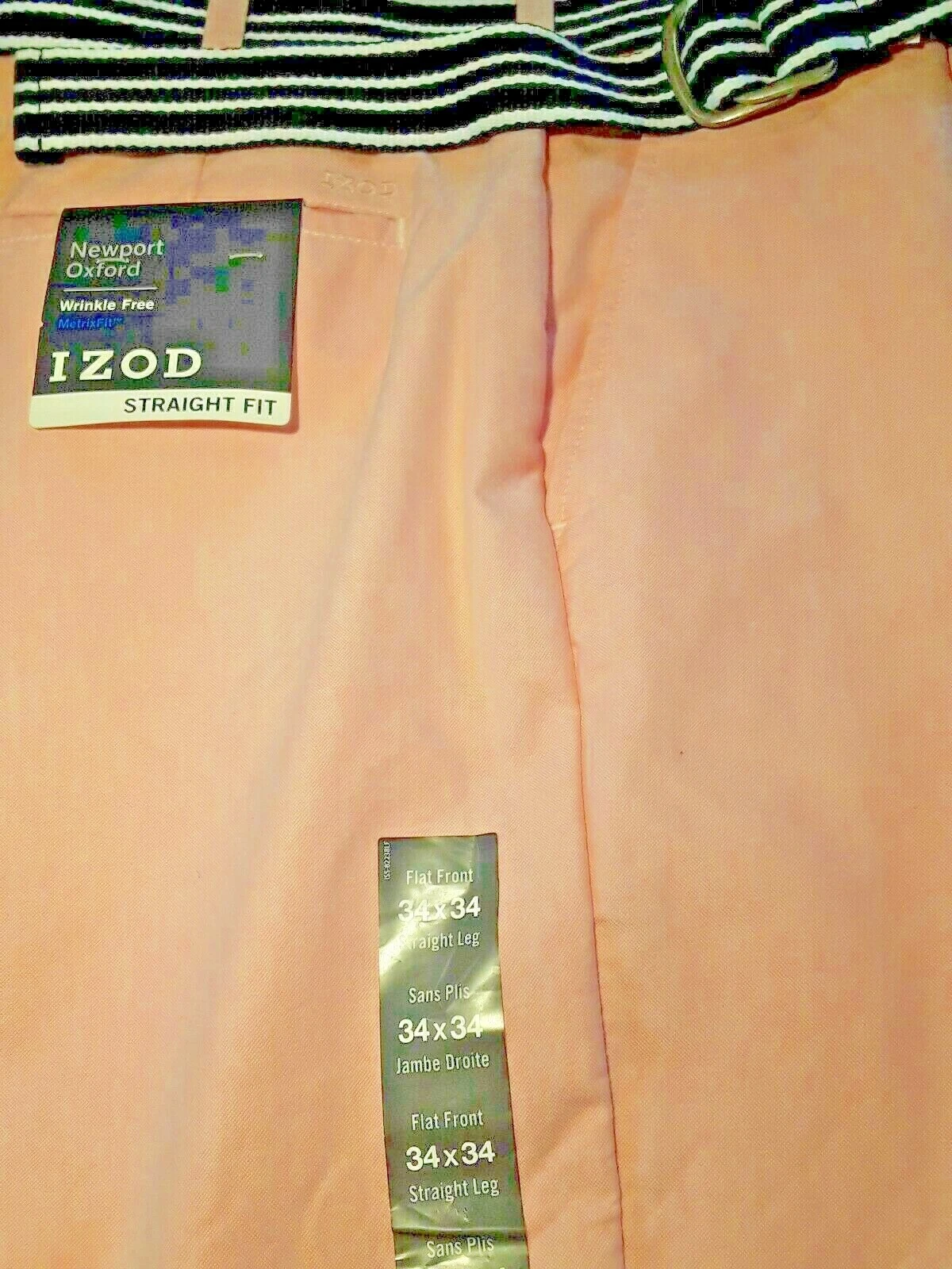 NWT IZOD Coral White Chino Trousers with Stripe Belt Size 34-34 Tag Says $74.50