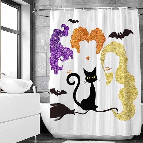 NEW SHENGJUN 72x72 Fabric Shower Curtain White Bath Bathroom Cat Bats S Sisters - Picture 2 of 7