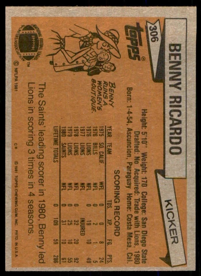 1981 TOPPS! BENNY RICARDO NEW ORLEANS SAINTS #306 - Image 2 of 2