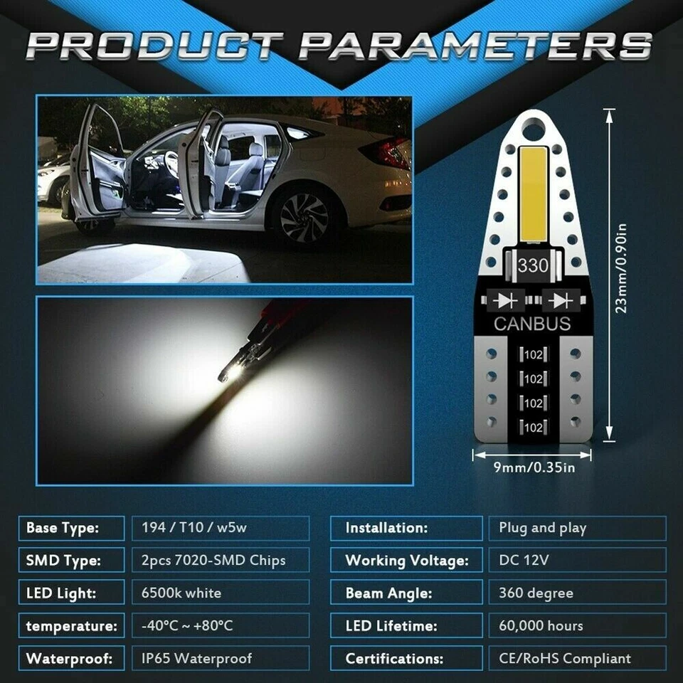 2 Lampade Lampadine LED T10 12V IP65 300lm NO ERRORE BIANCO Posizione Targa W5W - Immagine 3 di 4