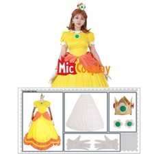 Women Princess Cosplay Costume Yellow Daisy Dress Fullset with Crown Petticoat