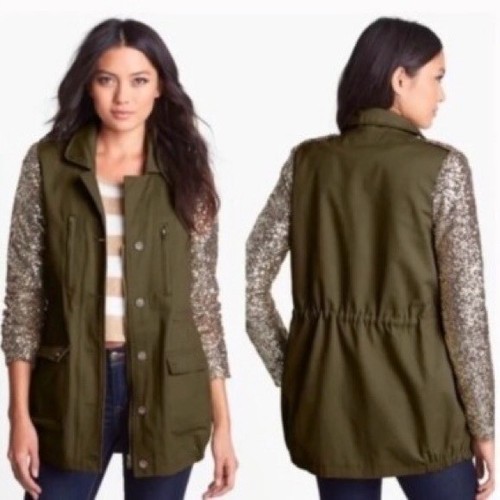Faubourg du Temple Statement Green Utility Jacket with Sequin Sleeves Size S