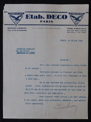 Rechnung 1930 PARIS Etablissement DECO Adler Adler 12