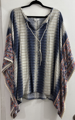 Avenue Plus Size 22/24 Blue Tie Dye Stripe Boho Poncho Top Pom Pom Trim Tassels