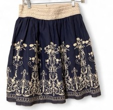Midi Woman  s Embroideredboho Indie Skirt Back And Cream With High Waist Elastic