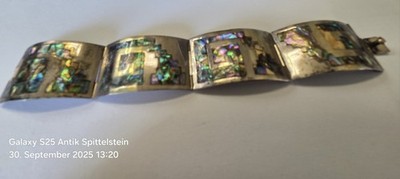 Vintage 925er Silber Armband Gliederarmband Mexiko Abalone Inlay Perle 70er Jahr