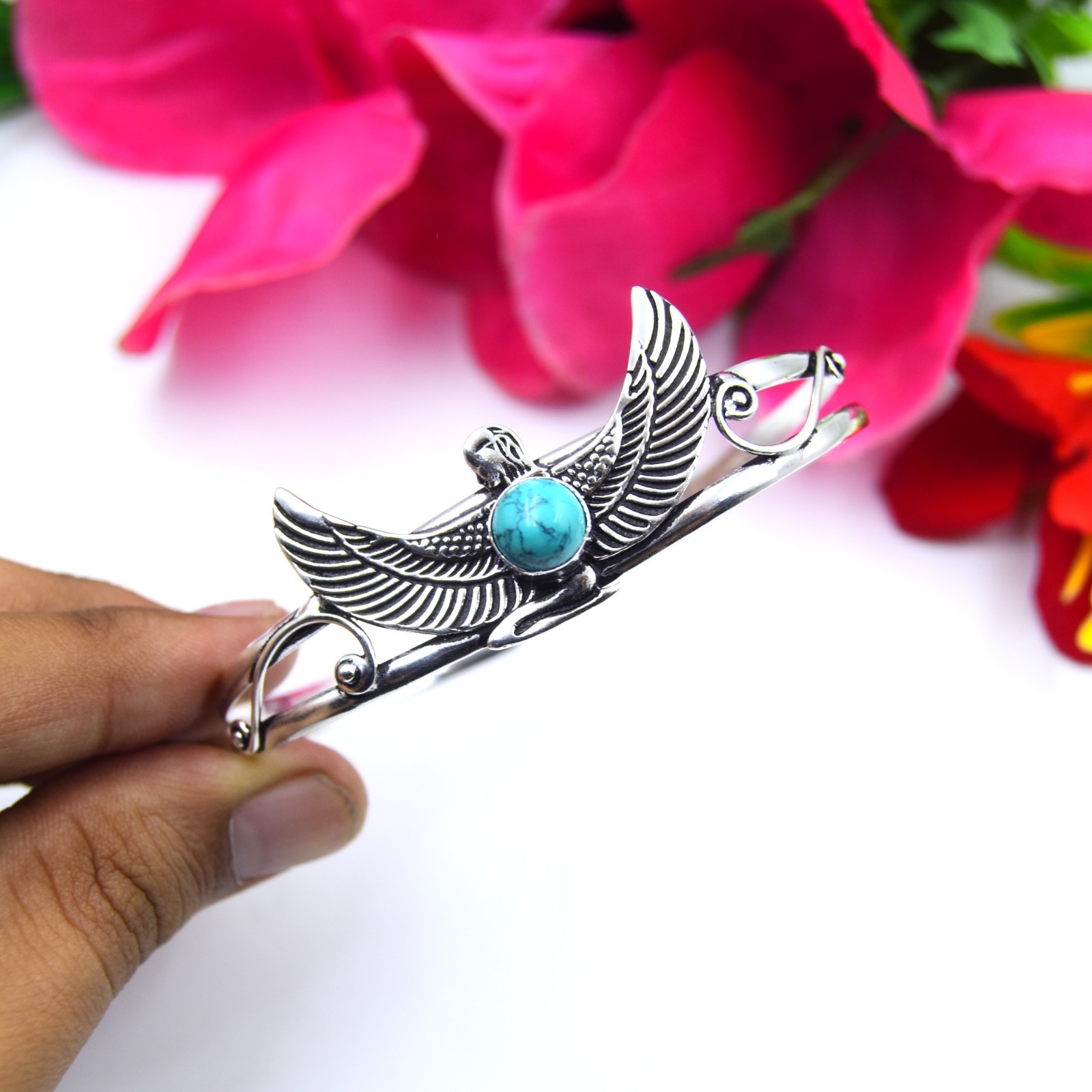 Blue Turquoise Gemstone 925 Sterling Silver Jewelry Cuff Bracelet Adjustable