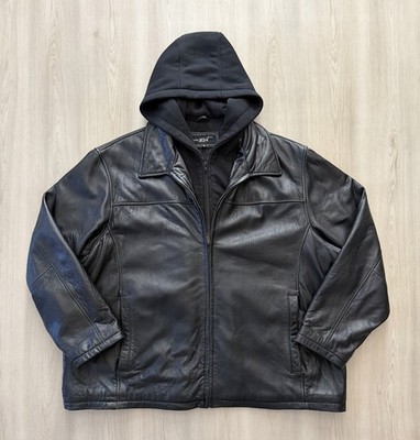 ジャケット・アウター hooded real leather jkt y2k black grunge Black Rivet Hooded Genuine Leather Jacket Sz 3XL Casual Grunge