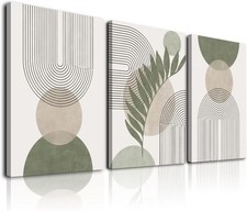 Sage Green Boho Wall Art Set of 3, Minimalist Framed Wall Art Geometric Line Lea