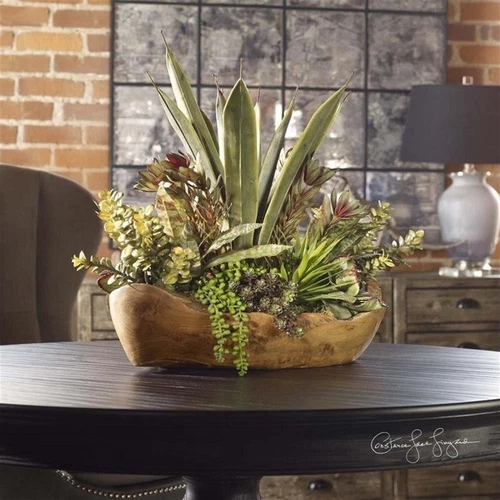 Uttermost Salar Polyester Foam and Teak Wood Succulents In Bronze/Green/Yellow - Picture 1 of 2