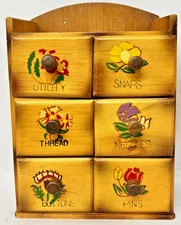 Vintage Wood Wall Mount Sewing Notions with Flowers  Drawer Box