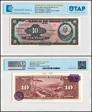 Mexico 10 Pesos, 1954, P-58b, UNC Signatures & Series Vary, Authenticated