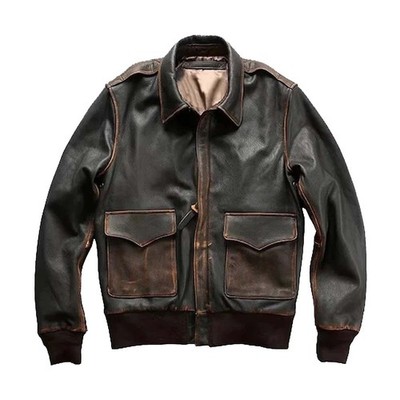 Men's Vintage A2 Leather Bomber Jacket - Distressed Flight Pilot Jacket 