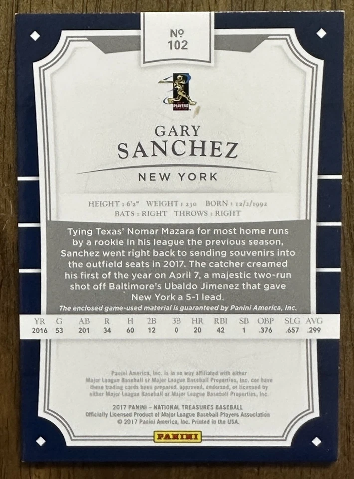 2017 Panini National Treasures Gary Sanchez NY Yankees Jersey Patch #d 41/99 - Image 2 of 2