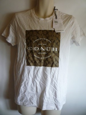 Coach Signature Logo T-Shirt Tee Top Off White C8775 XS Bio Baumwolle Neu mit Etikett Neu
