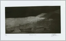 Nighttime OCEAN LAKE SHORELINE BOATS. Original Impressionist MEZZOTINT signed