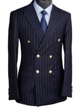 Dark Navy Chalk Stripe Men jacket,Custom Made Stripe Men Jacket with gold button
