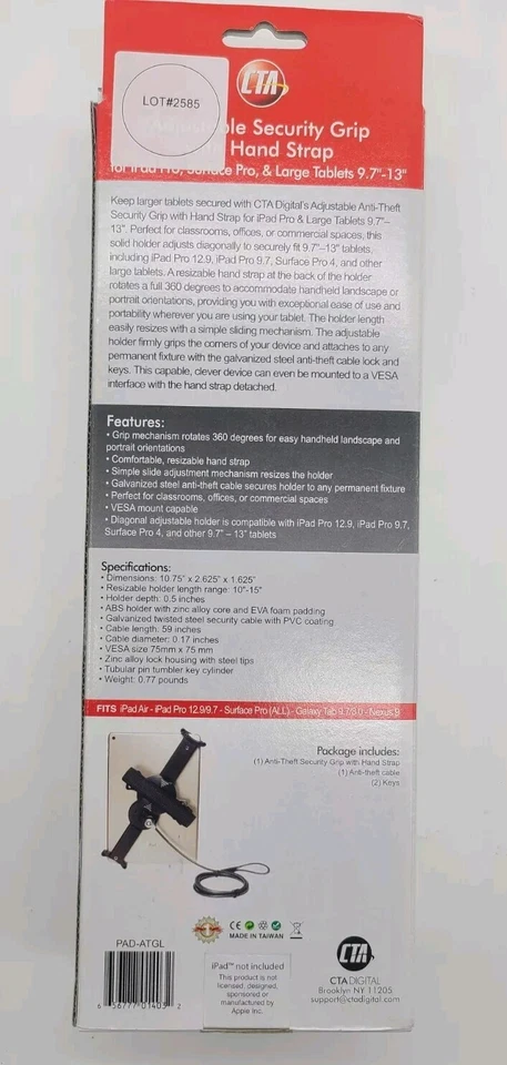 Anti-Theft Grip – CTA Adjustable Security For 9.7" - 13" Tablets, Silver  - Image 2 of 4