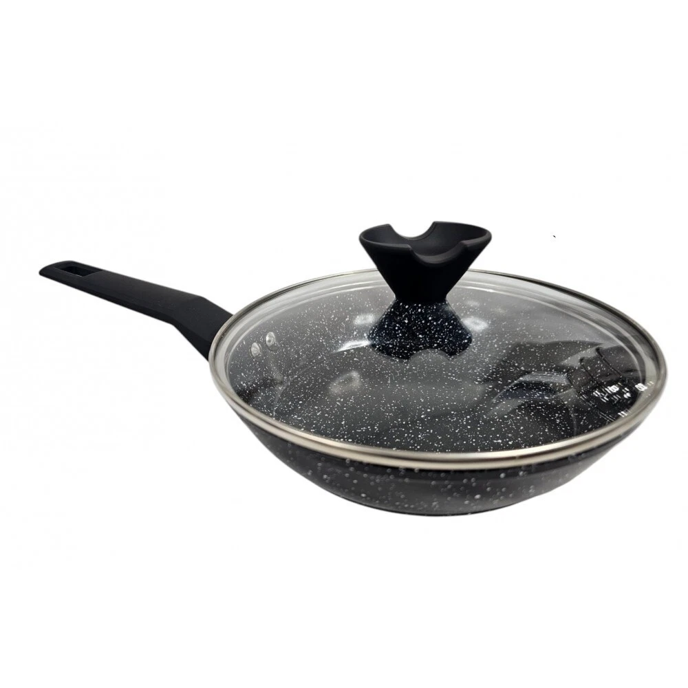 28Cm Wok Forged Non Stick Frying Pan Glass Lid Induction Marble Coated Forged