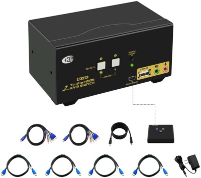 CKL 2 Port HDMI KVM Switch Triple Monitor with Audio, Microphone, USB CKL-923HUA
