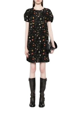 R13 Robe Babydoll Manches Raglan Courtes Femme L Noir Motif Floral Laine Soie - Photo 1/4