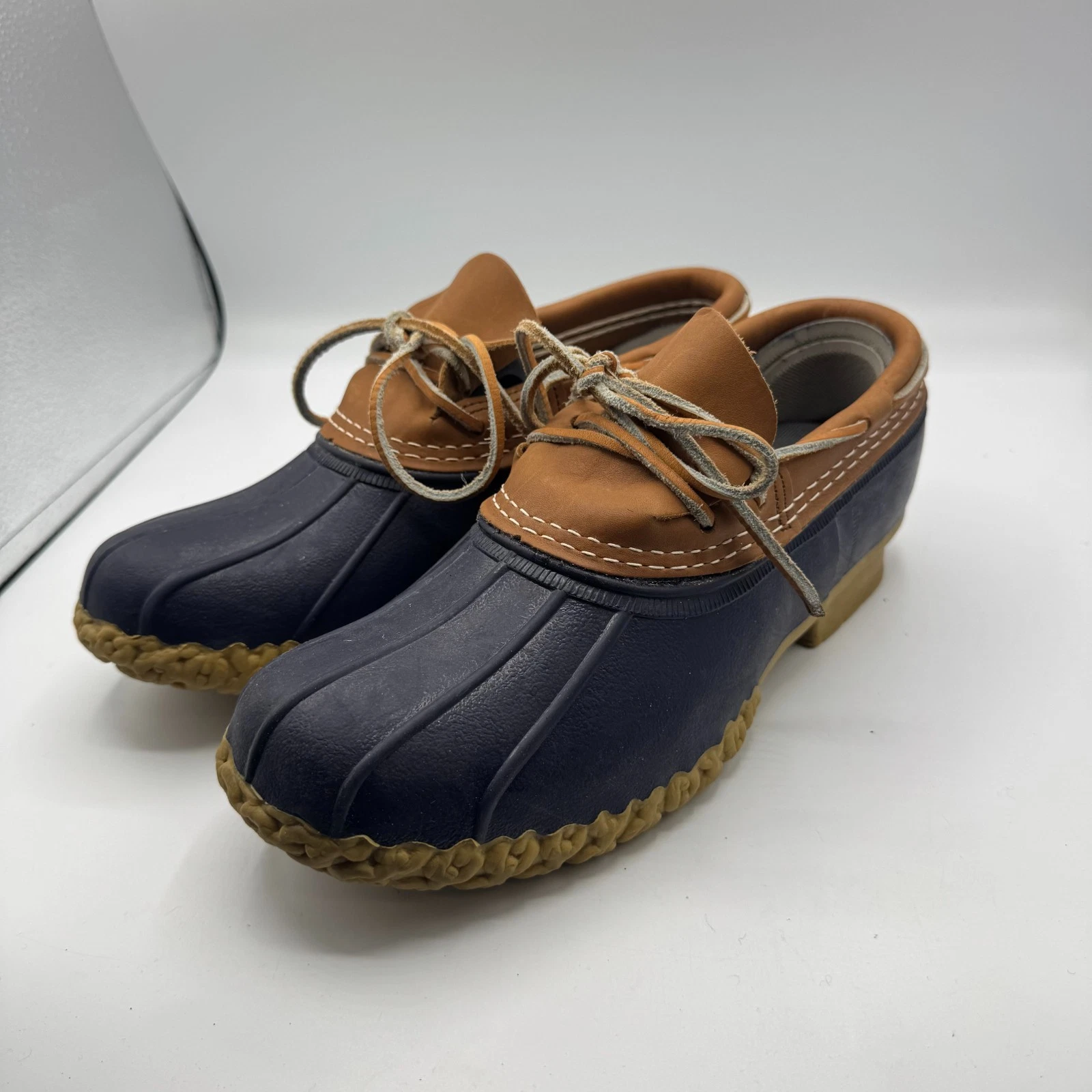 L.L. Bean Boots Duck Mocs Men 8M Navy Brown Rubber Leather Made In USA 175067