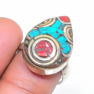 Bague réglable pierre précieuse corail turquoise argent tibétain bijou... - Photo 1/4
