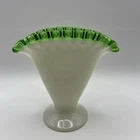 Vintage Fenton Emerald Green Crested White Milkglass Fan Vase 4 1/4 inch