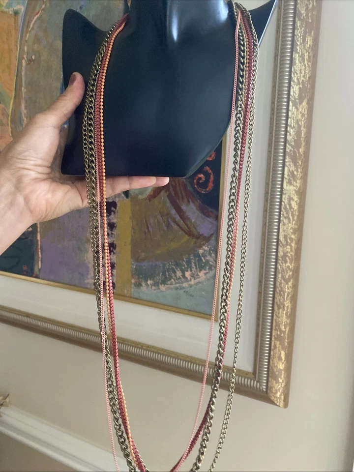 Collar Vintage Joyería Inusual Cadenas en Capas Rojo Naranja Esmalte X-largo Foto 3 de 4