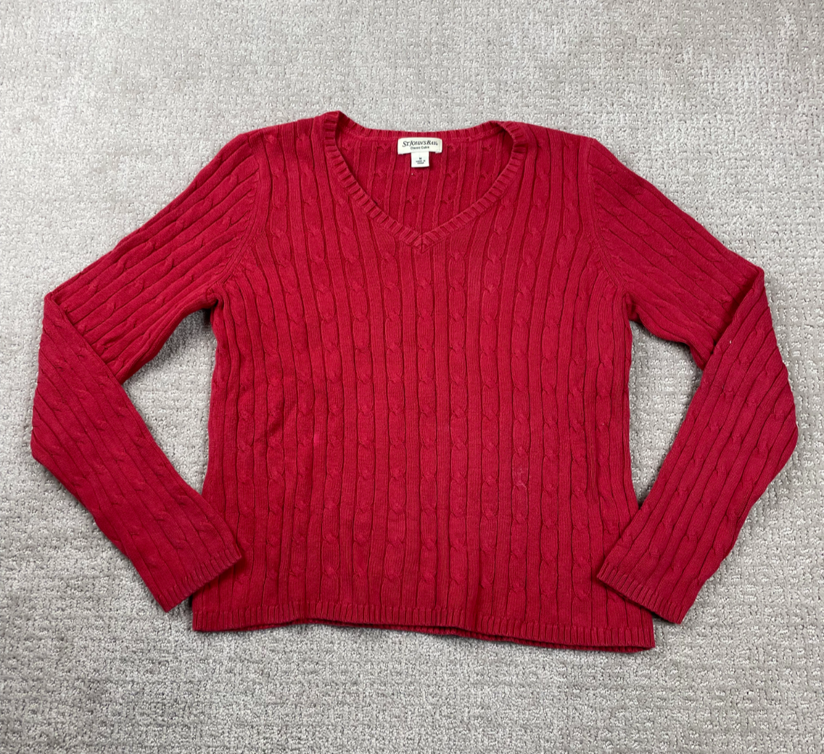 St Johns Bay Sweater Womens Medium Red Classic Cable Knit Cotton V Neck Pullover