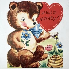 Hello Honey Vintage Valentine Anthropomorphic Bear Die Cut “Bee Happy” Cute Whit