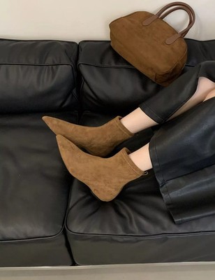 Dunkelbraune spitze Kunstleder Stiefeletten kurz Mode Damen CF55001